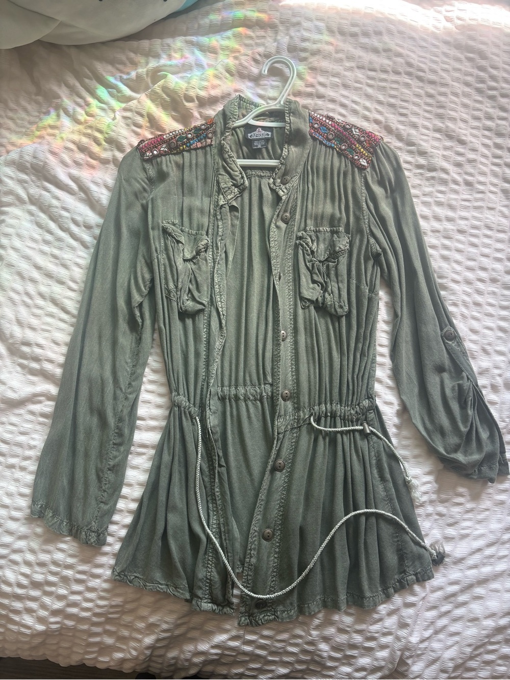 Angie Olive Green Beaded-Shoulder Utility Jacket